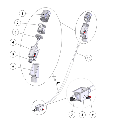 Flexible screw conveyor and hopper drawing